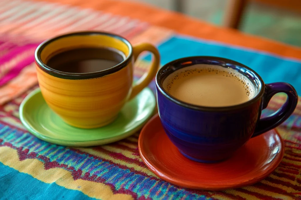Two colorful ceramic cups on a vibrant tablecloth, one containing black coffee and the other Café de Olla, showcasing their visual and cultural differences