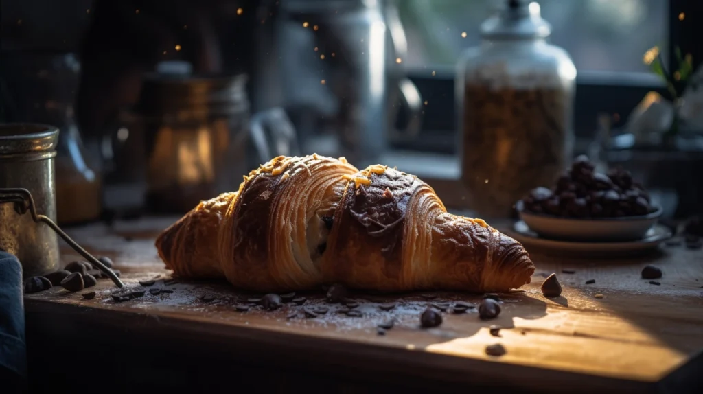 How to Make the Viral Crookie: The Ultimate Guide, a luscious croissant-cookie hybrid with golden flaky layers and rich chocolate drizzles, sitting on a marble countertop with scattered cocoa powder and crushed cookies, sunlight streaming through a kitchen window highlighting the textures, inviting and warm atmosphere of a home kitchen, Food photography, shot with a Canon EOS 5D Mark IV and a 50mm f/1.8 lens for shallow depth of field, --ar 16:9 --v 5