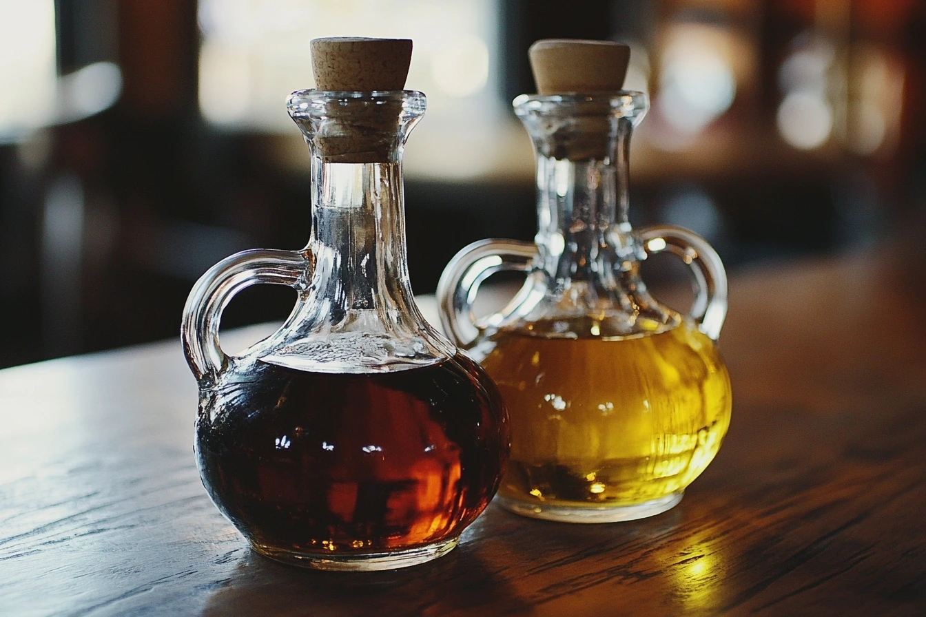 Two glass bottles with cork stoppers on a wooden table, one containing dark vinegar and the other filled with golden olive oil, reflecting soft light.