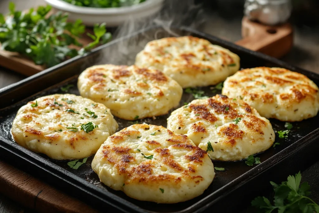 Show a skillet or baking tray with cottage cheese flatbread cooking. The flatbread should appear golden brown with a soft, slightly charred texture. Include steam rising off the surface for realism, with fresh herbs sprinkled nearby for garnish.