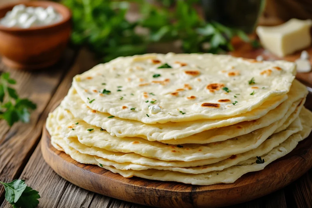 A freshly baked cottage cheese flatbread on a rustic wooden table, with visible steam rising, surrounded by ingredients like cottage cheese, flour, and fresh herbs. The background features a warm kitchen setting.