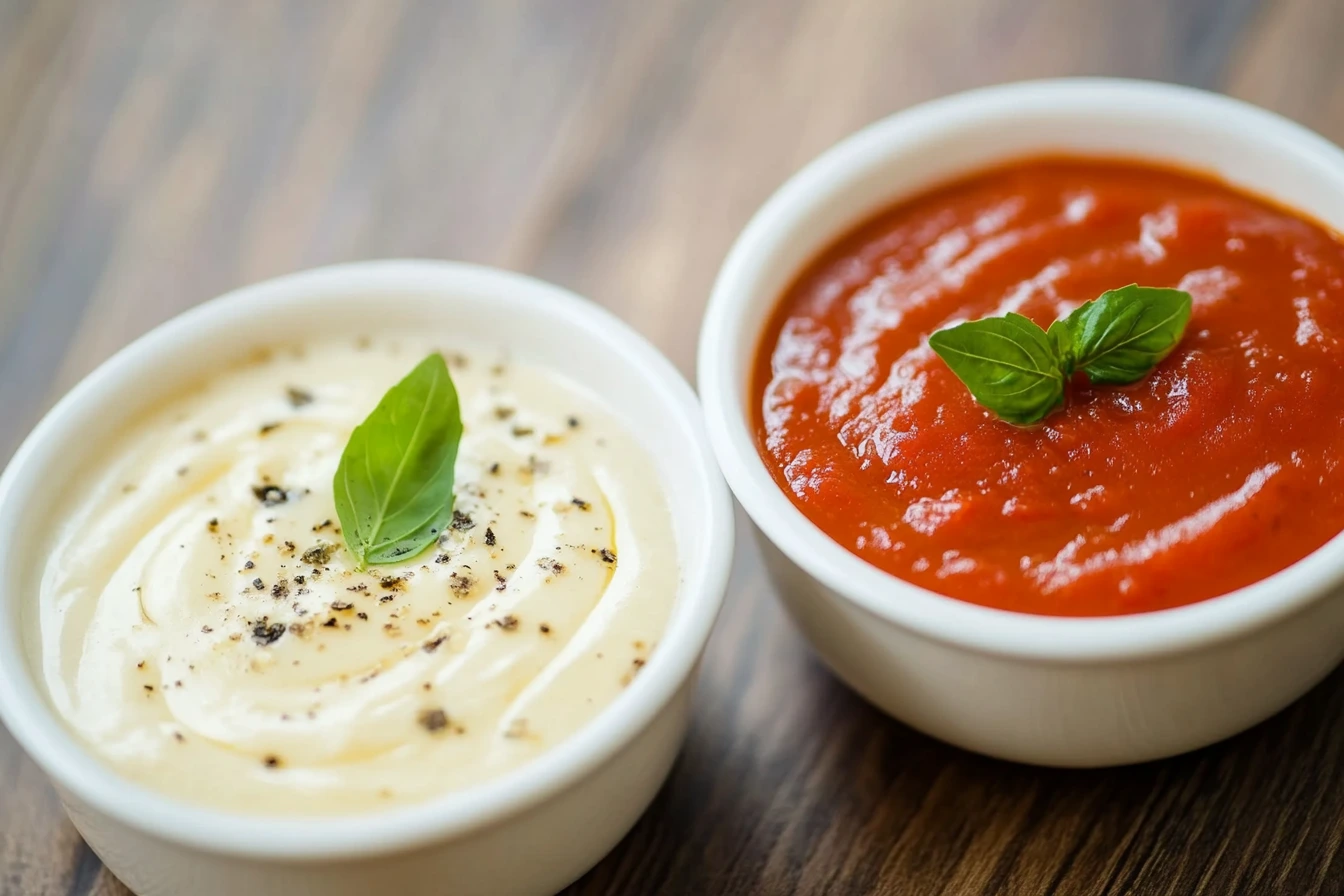 Two white bowls on a wooden surface, one containing creamy white cheese sauce with black pepper and a basil leaf garnish, and the other filled with vibrant red tomato sauce topped with a fresh basil leaf.