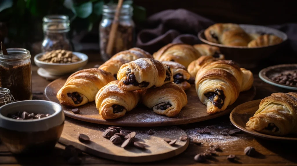 A crookie recipe, a whimsical cookie-croissant hybrid with layers of golden, flaky pastry and chocolate chip specks baked into each fold, placed on a rustic wooden countertop dusted with flour and surrounded by bowls of ingredients like butter, sugar, and chocolate, warm sunlight streaming through a nearby kitchen window creating soft shadows, cozy and inviting atmosphere full of homemade charm, Realistic photography, shot with a Canon EOS 5D Mark IV using a 50mm f/1.2 lens,
