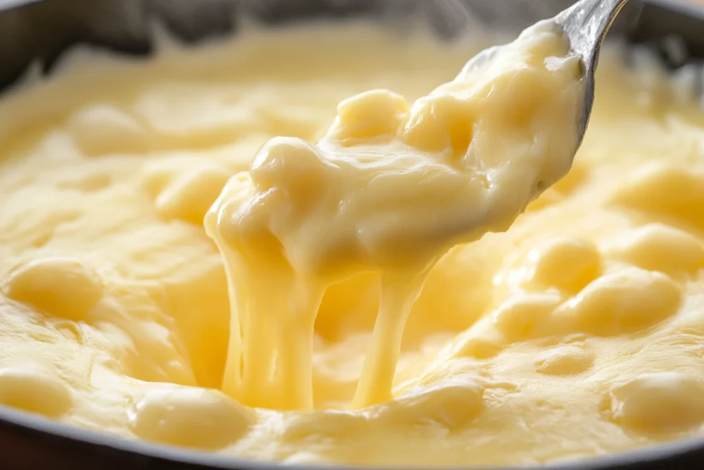 Close-up of melted cheese being lifted with a spoon, showing its smooth, creamy, and gooey texture.