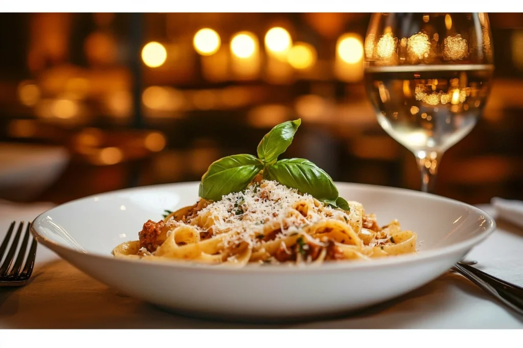 A mouthwatering plate of 'Marry Me Pasta' served on a white ceramic dish, garnished with fresh basil and grated parmesan, with soft lighting creating a romantic dinner ambiance, paired with a glass of wine.