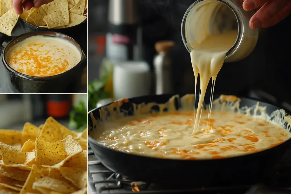 A collage of images showing the process of making smoked queso. The main image features a cast-iron skillet filled with creamy, melted cheese sauce with hints of orange cheese, being stirred over heat. A close-up shot captures a jar of thick melted cheese being poured into the skillet, creating a gooey, stringy effect. Another smaller image shows a bowl of queso with tortilla chips being dipped, and a final image highlights a pile of crispy tortilla chips.