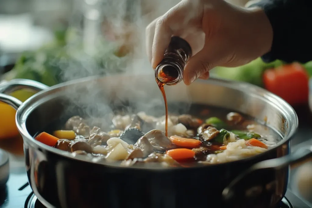 What is the Secret Ingredient in Soup? A chef adding soy sauce to enhance soup flavor.