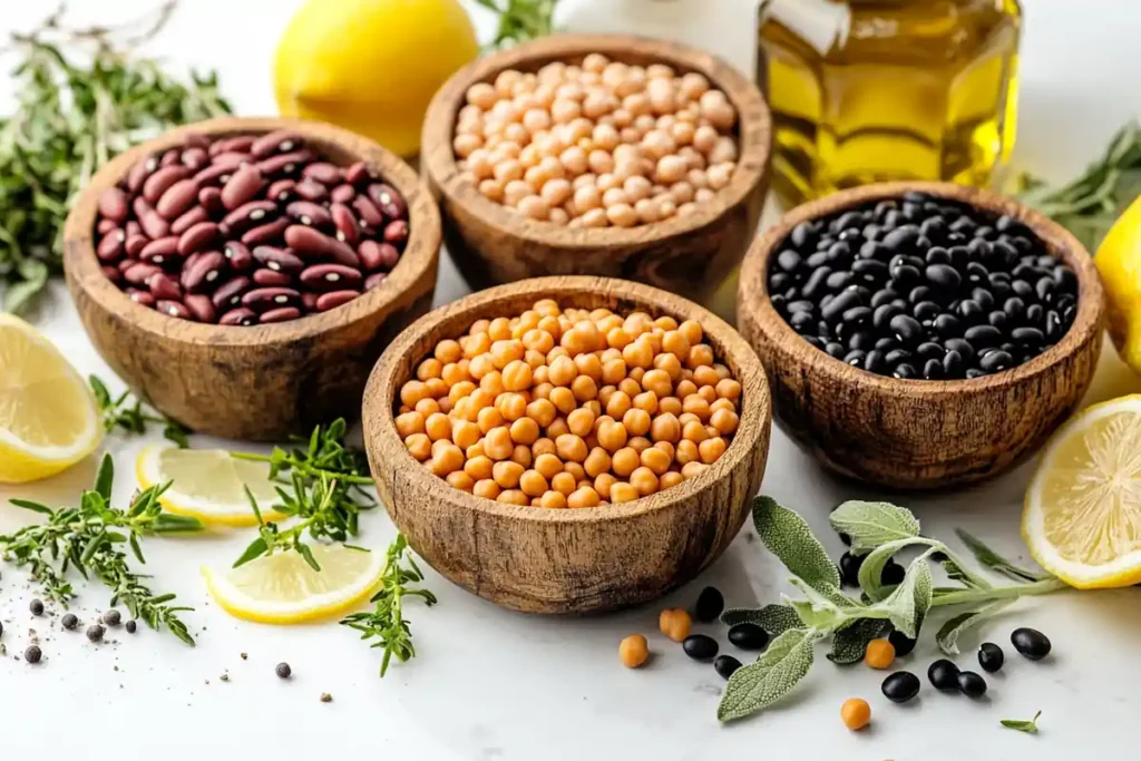 A variety of the healthiest beans to put in a salad, including black beans, chickpeas, and lentils.