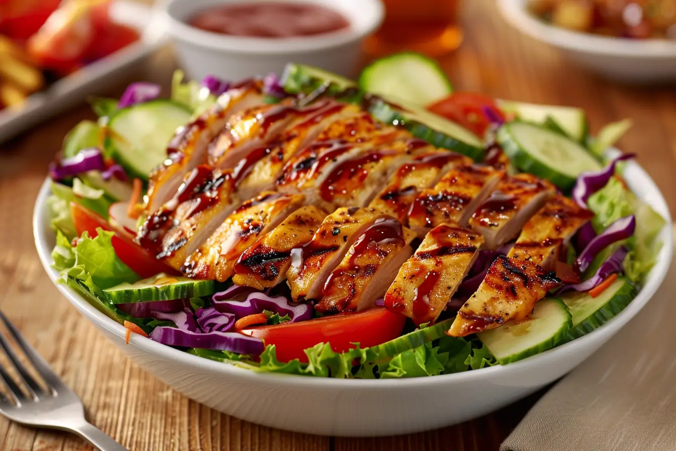 A close-up of a Burger King chicken salad with fresh greens, chicken, and vinaigrette.