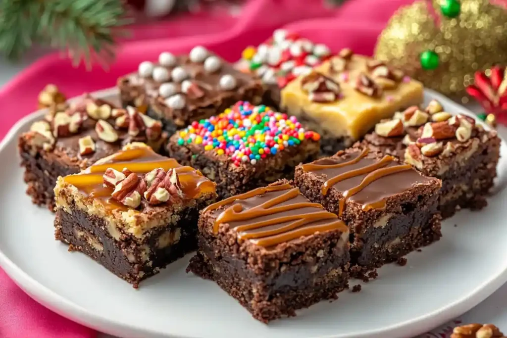 Cookie dough brownie variations on a white plate.