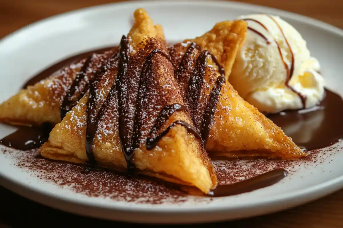 Xango dessert with caramel and chocolate drizzle on a plate.