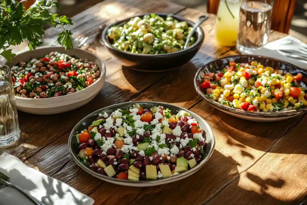 Three variations of dense bean salad served on a table