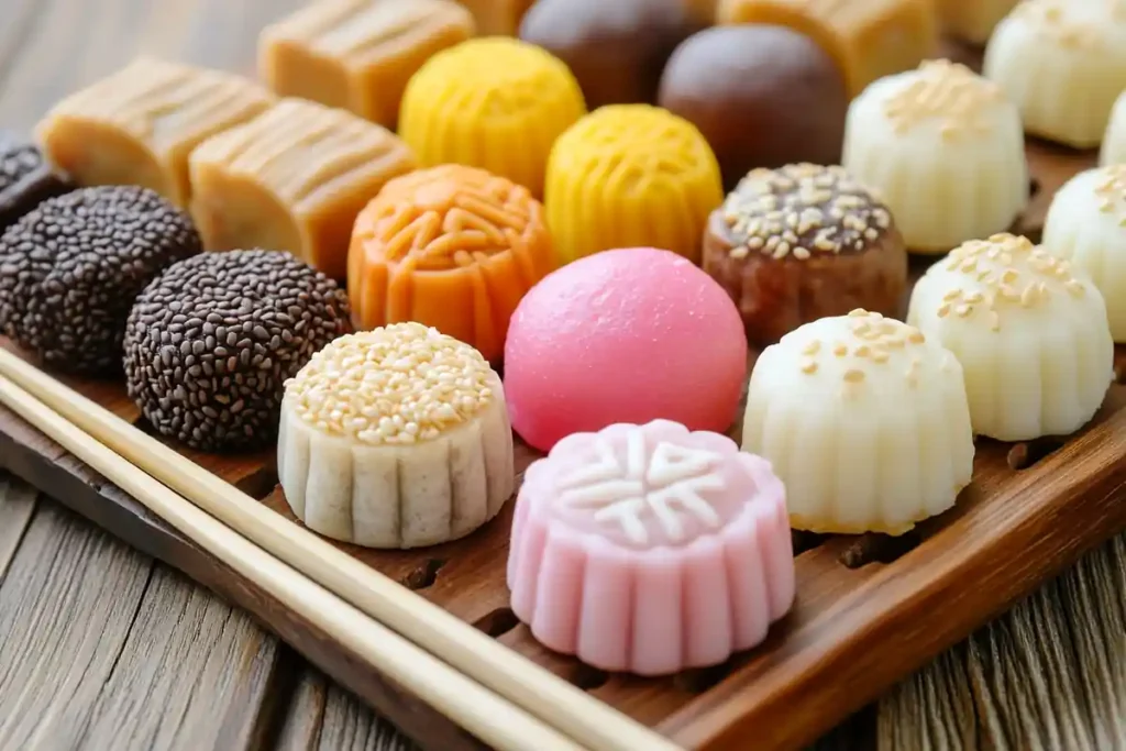 Dim sum-inspired desserts on a decorative platter with bamboo steamers