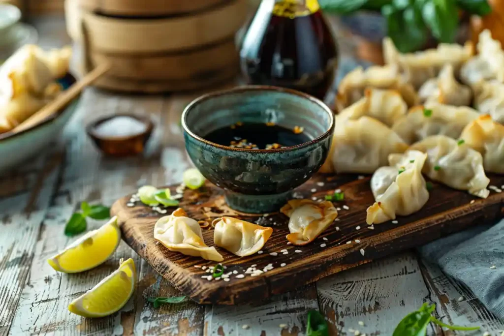 Dipping bowl with Din Tai Fung vinegar surrounded by dumplings.