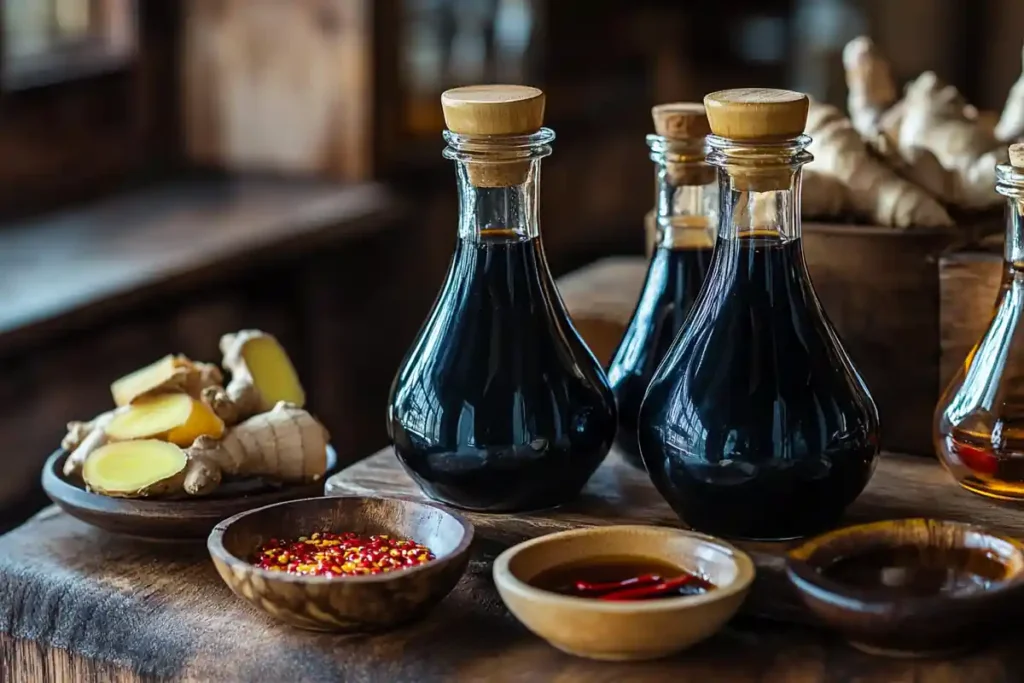 Zhenjiang vinegar, soy sauce, and optional ingredients for Din Tai Fung vinegar.