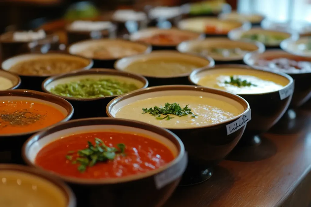 What is the Secret Ingredient in Soup?, Bowls of soups showcasing their secret ingredients.