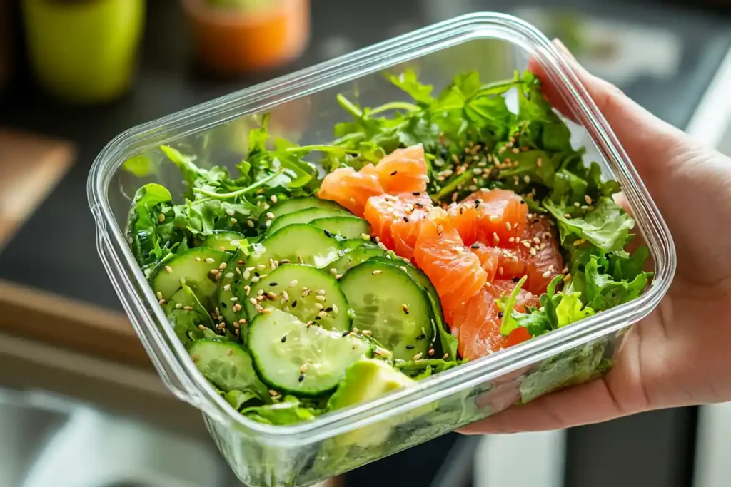 What is the cucumber TikTok trend? A vibrant cucumber salad in a deli container.