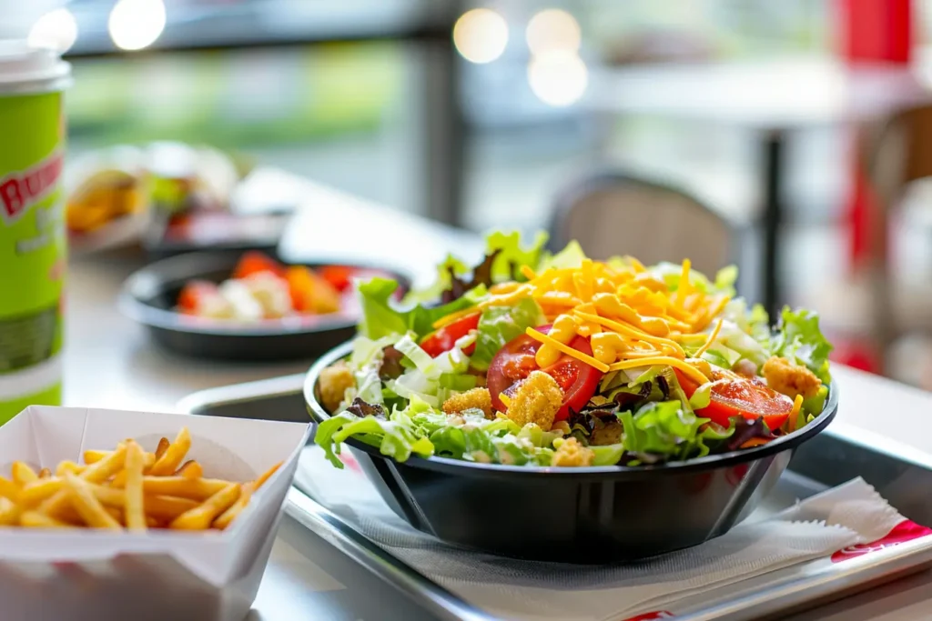 Burger King Side Garden Salad with fast food items in the background.