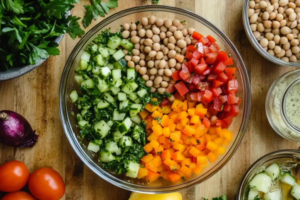 Preparing fresh ingredients for a healthy bean salad.