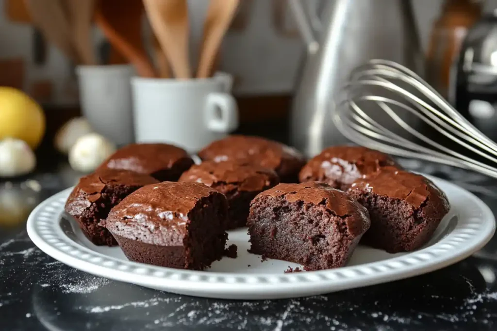 A tray of freshly baked brownies with baking powder on a rustic table.