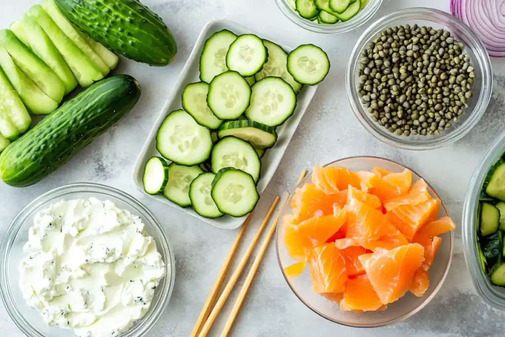 Ingredients for a cucumber salad on a kitchen counter.