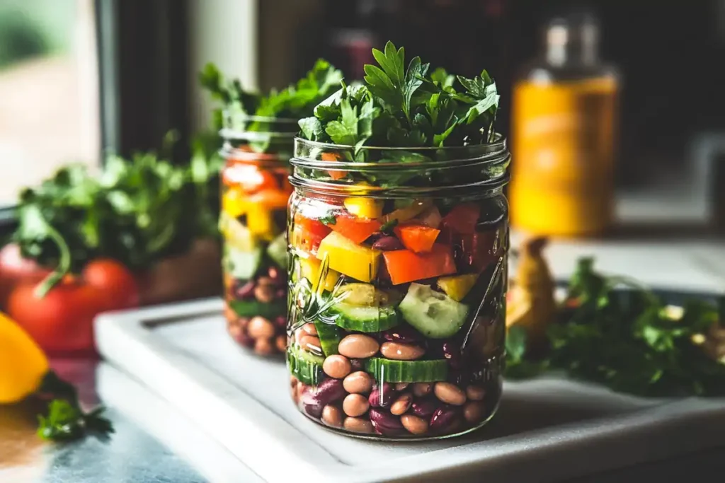 Dense bean salad layered in mason jars with toppings