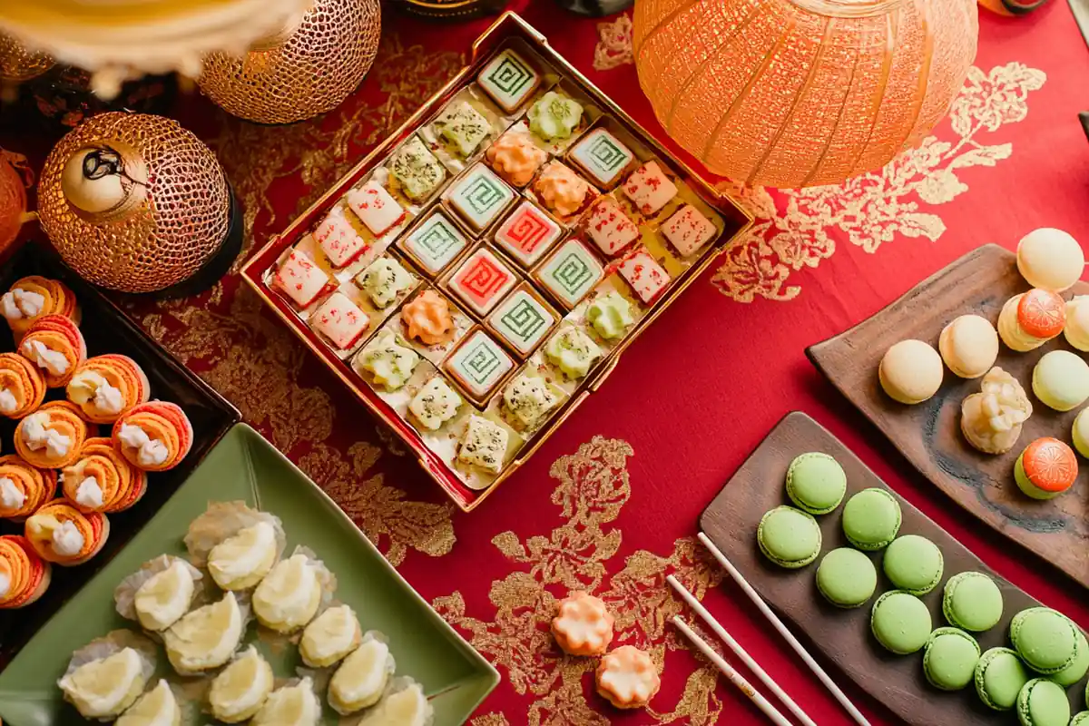 Mahjong-themed dessert table with colorful Asian-inspired treats.