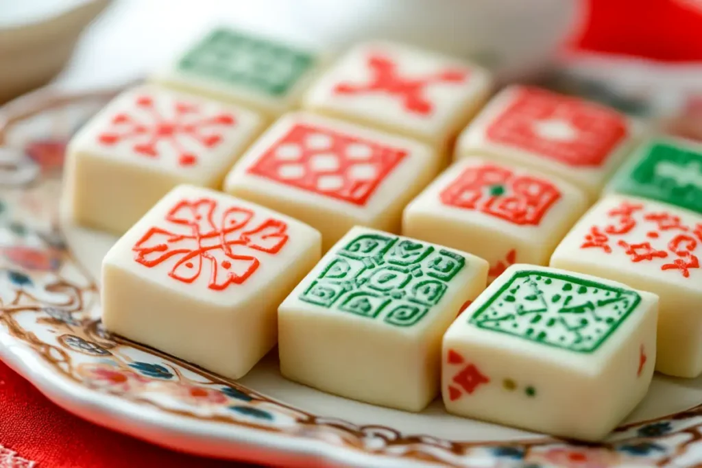 Close-up of Mahjong tile-shaped cookies with intricate designs