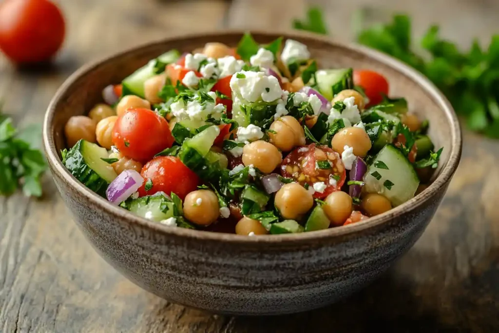 Mediterranean-style chickpea salad with cucumbers, tomatoes, and feta cheese.