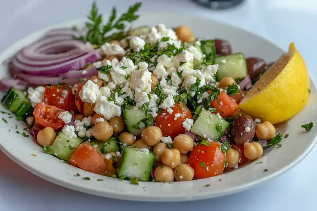 Mediterranean chickpea salad with feta and fresh vegetables.