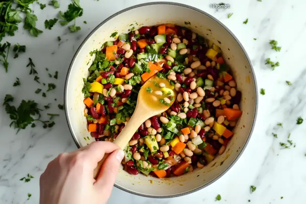 Tossing dense bean salad with a wooden spoon.