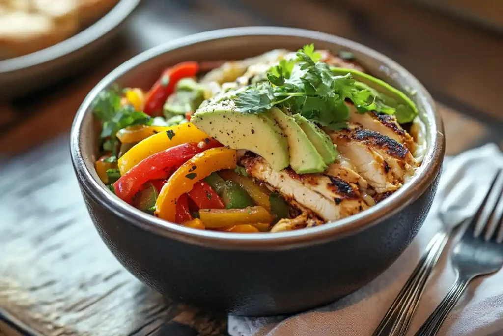 Sub in a Tub with grilled chicken, avocado, and cheese on a wooden table.