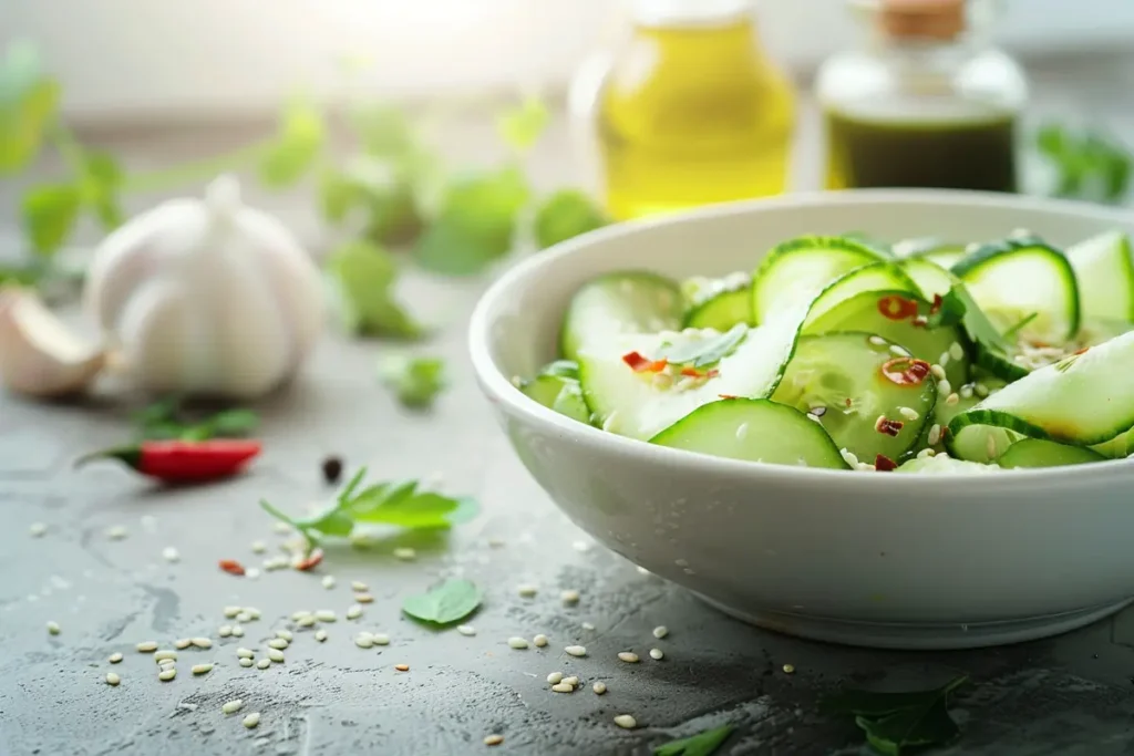 Finished Din Tai Fung cucumber salad garnished with sesame seeds.