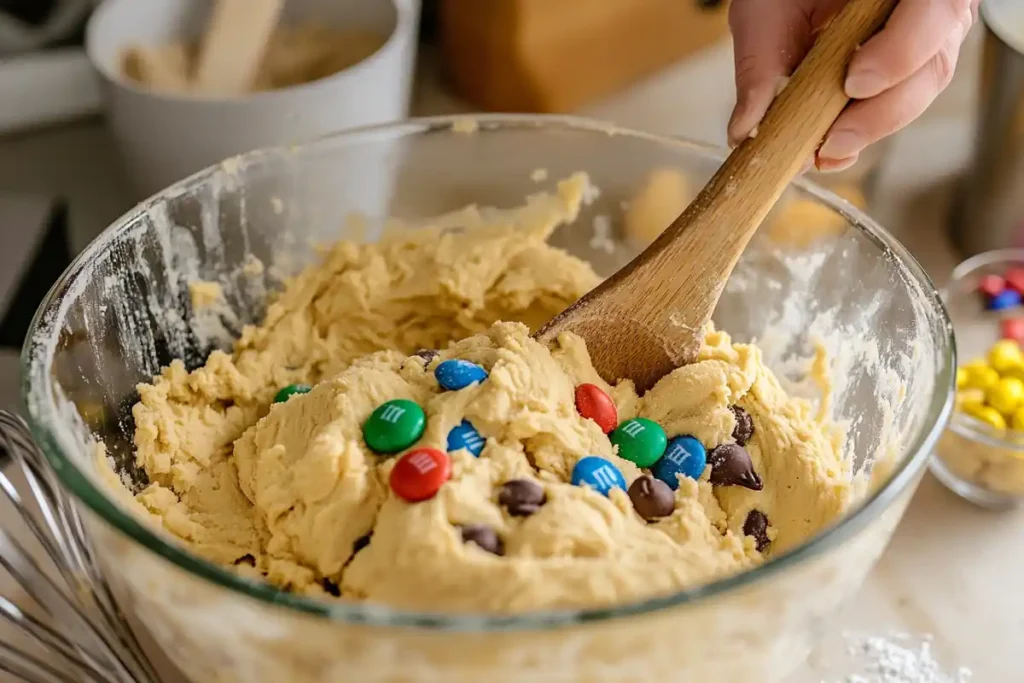 Eggless cookie dough mixed with M&Ms in a bowl for M&M Cookie Dough Brownies