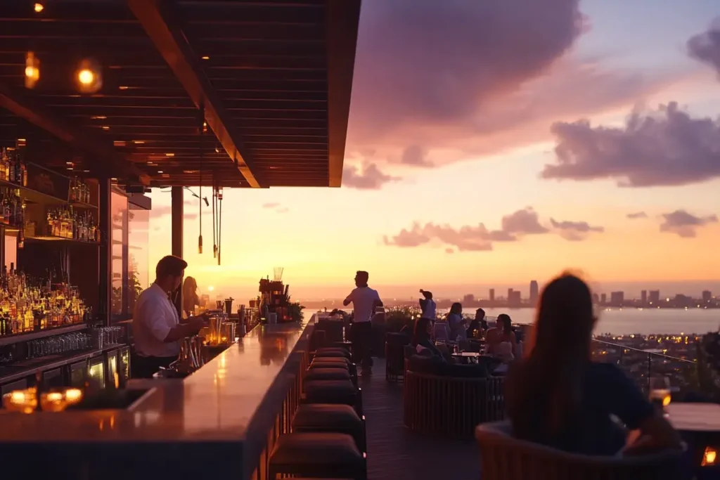 Rooftop bar in San Diego with cocktails at sunset.