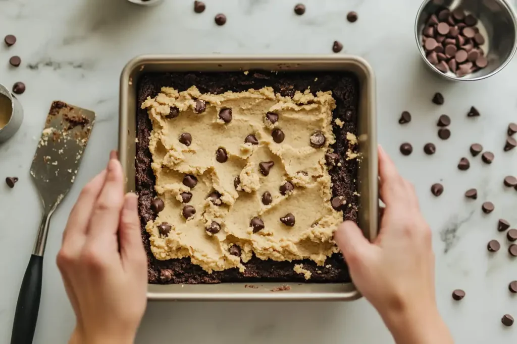 Hands spreading cookie dough on a brownie base.