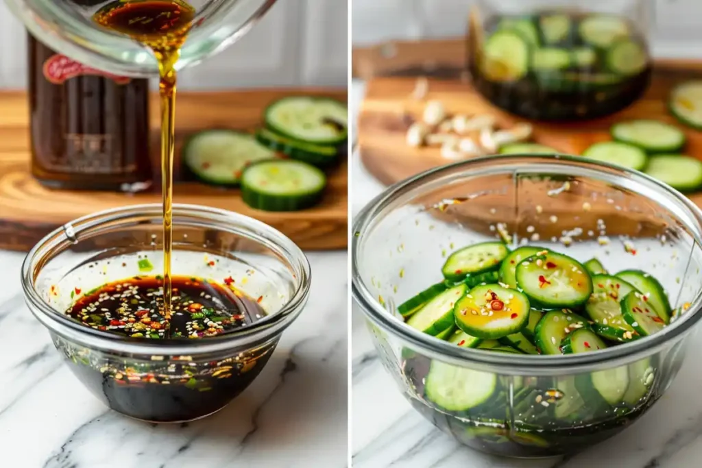 Cucumbers marinating in sesame and chili dressing.