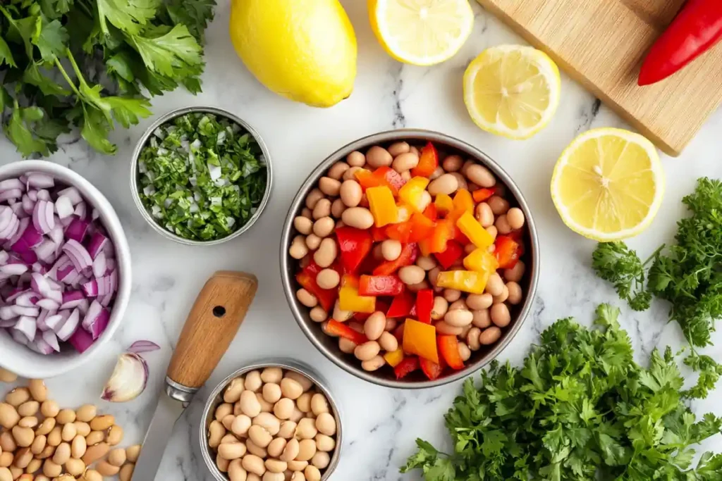  Fresh ingredients for making a dense bean salad.