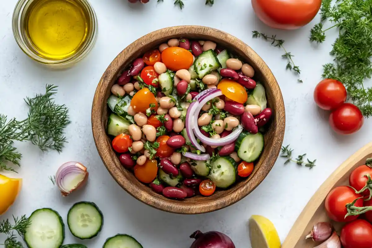 Colorful canned bean salad with fresh vegetables in a wooden bowl.