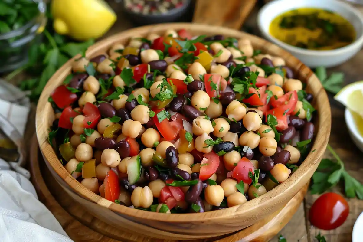 Dense bean salad in a rustic wooden bowl with colorful ingredients