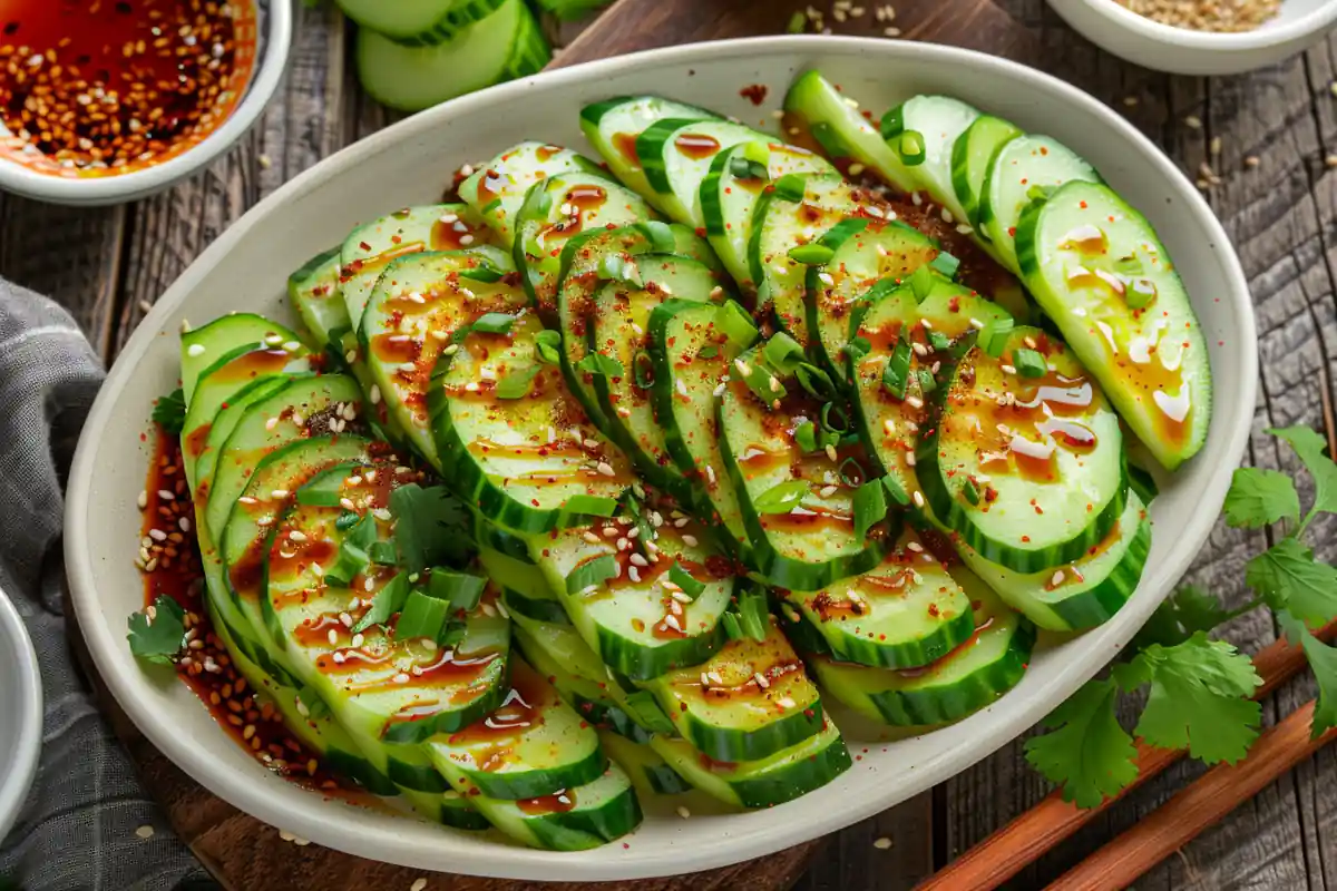 Din Tai Fung cucumber salad plated with sesame dressing.