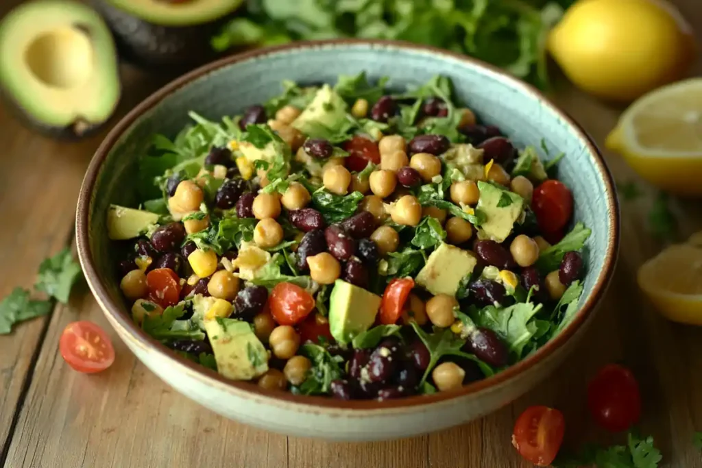 What is the healthiest beans to put in a salad? A vibrant mix of black beans, chickpeas, kidney beans, and fresh greens in a bowl.