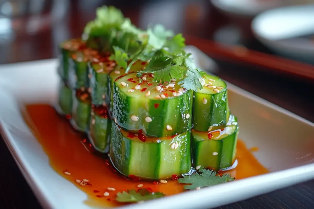 What cucumbers does Din Tai Fung use? A crisp cucumber salad with chili oil and sesame seeds.