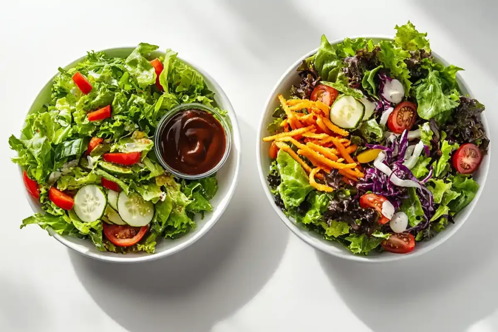 Burger King and Wendy’s salads comparison on a white table.