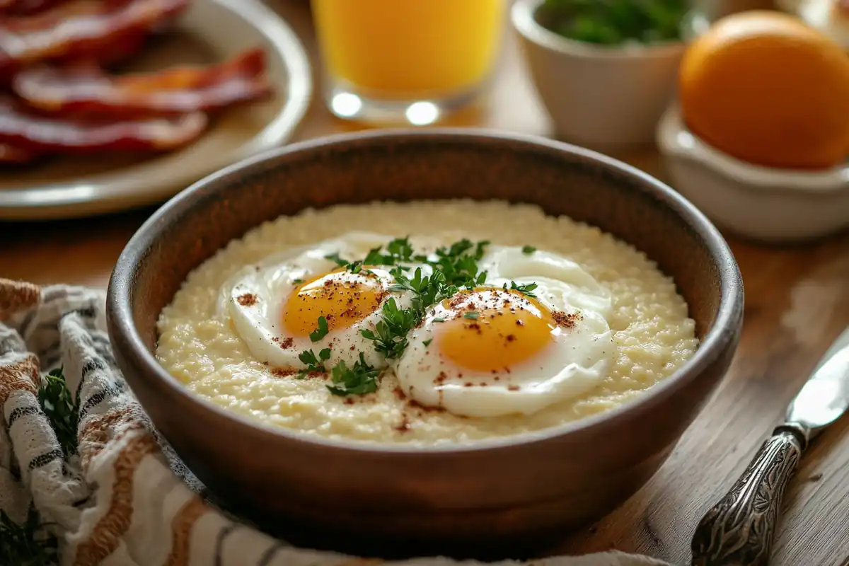 Southern breakfast table with eggs and grits