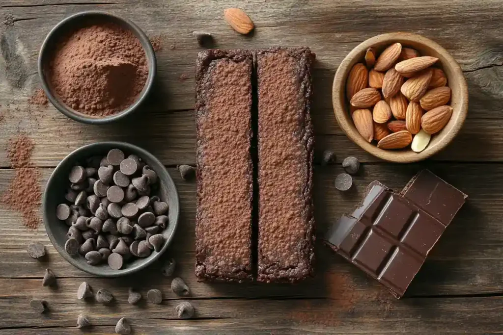 Freshly baked protein brownies garnished with almonds and chocolate chips
