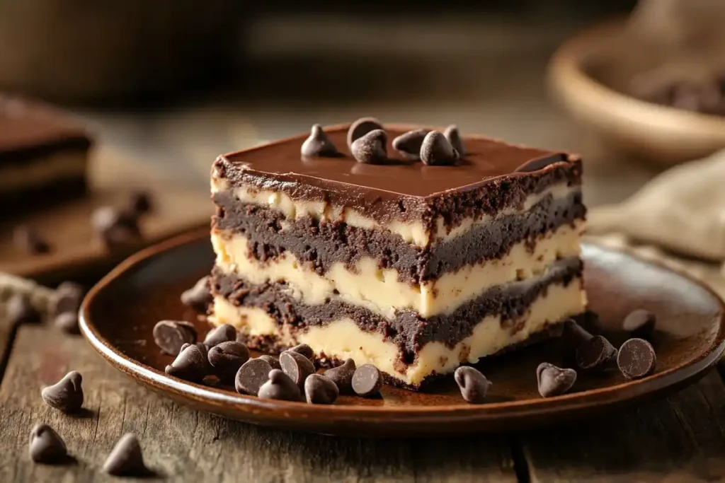 Decadent cookie dough brownies on a rustic table.