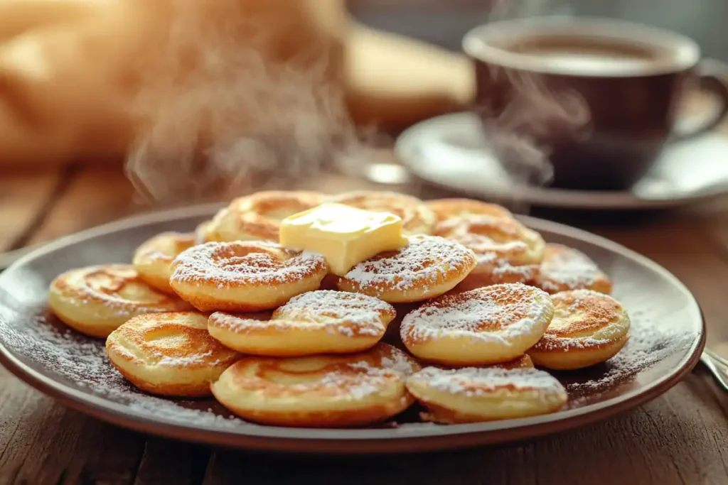 A plate of poffertjes with butter and powdered sugar.