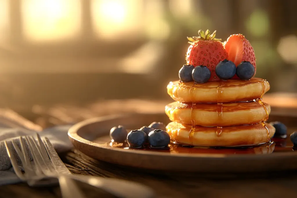 Golden mini pancakes drizzled with syrup and topped with berries.