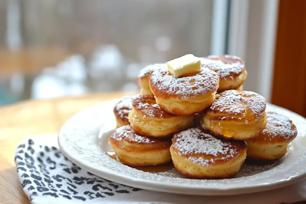 Stack of mini pancakes with butter and syrup on a rustic breakfast table.